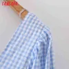 Summer Women Blue Plaid Print Beach Puff Short Sleeve Ladies Mini Dress Vestidos 2M153 210416