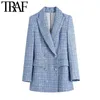 TRAF Women Fashion Double Breasted Tweed Check Blazers Coat Vintage Long Sleeve Pockets Female Outerwear Chic Veste 210415
