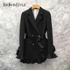 Deuxtwinstyle noir patchwork volants femmes costume cranté à manches longues taille haute avec ceintures blazer femme automne mode nouveau 210330