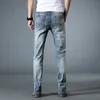 Cowboy män byxor män stretch jeans manlig casual regelbunden passform rak retro denim pant klassisk mode kläder grå blå 210518