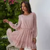 Estampado de leopardo de manga larga de gasa para mujer elegante primavera otoño vestido de mujer Casual Sash A-line Pink Ruffle vestidos 210415