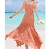 Runway Summer Femmes Orange Robe de dentelle irrégulière Halter sans bretelles Bodycon Long Sexy Hollow Out Crochet Beach 210603