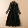 2021 Autumn Winter Long Sleeve Round Neck Black / Red Solid Color Tweed Hearts Tulle Paneled Tiered Mid-Calf Dress Elegant Casual Dresses 21S160915