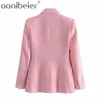 Roze getextureerde blazer lente herfst lange mouw dubbele breasted vrouwen rechte pak jas kantoor dame gekerfde jassen 210604