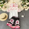 Runway Two Piece Set Summer Women Turn-dwon Collar Off shoulder Ruffled Short Sleeve Print Shirt and Wide Leg Shorts Suits 210603