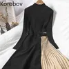 コロバフの女性のドレス冬の厚い韓国の縞模様の女性のドレスタートルネックヒットカラーニットスイートシックプリーツのvestidos femme 210430