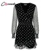 CONMOTO kant mesh lange mouwen zwarte v-hals polka dot vrouwen zomer casual ruche sexy shirt jurk vestidos Q190511