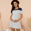 Ankomstmaternity Round Collar Stripes Plain Navy Kort En kortärmad klänning 210528