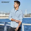 Kuegou 100% Cotton Spring Autumn Men långärmad skjorta mode fritid randig skjorta män toppstorlek blå BC-6826 210524