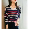 Casual com decote em v Spring Spring Outono Fina Striped Sweater Soft Soft Lote Chic Camisola Pullovers Girl Knit Jumper Top 210604