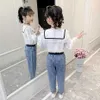 Çocuklar Giyim Kızlar Dantel Bluz + Kot Kıyafet Kıyafet İlkbahar Sonbahar Çocuk Giyim 6 8 10 12 14 210528