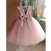 2021 New Peach Pink Flower Girls Dresses For Wedding Beading Backless Girl Birthday Party Evening Dress Tulle Princess Ball Gown Q0716