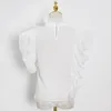 Kadınlar için zarif katı gömlek standı yaka kısa kollu patchwork fırfır siyah bluz femael moda giyim 210524