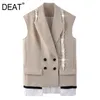 Lapel Collar Khaki Pearl Chain Decoration Double Breasted Pockets Patchwork Vest Women Spring And Summer GX1106 210421