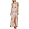 Women Halter Neck Chiffon Dress Floral Print Sleeveless Split Backless Long Dress Elegant Hollow Out Beach Maxi Boho Dress 210419