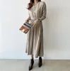 Casual Dresses Kalenmos Korea Women Knitted Pleated Dress Elegant Fall Winter Long Sleeve Thick Sweater African Sexy V Neck Sashes