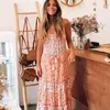 Inspirerad rosa blommigryck strappy sommarklänning Tassel Casual Gypsy Kvinnor Klänning Bohemian Resort Beach Dress for Women 210412