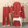 Kvinnor Orange Pyjamas Set Sexig Lace Trim 5pcs Sleepwear Femme Satin Sova Set Casual Pijamas Suit V-Neck Loungewear Hemkläder Q0706