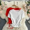 Koszulka z krótkim rękawem Moda sznurka Ruched Knit Crop Top Groczny Lato Kobiety Casual Streetwear Slim Fit Pullover Topy 210603