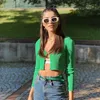 Fashion Green lavorato a maglia a costine 3 pezzi Set da donna Y2K Summer Holiday Single Button Cappotto allentato Biancheria intima sexy Reggiseno Gonna a vita alta 210917