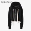 Twotwinstyle Casual Patchwork Cordão Suéter para Mulheres Hoodie Collar Lace Up Short Hodded Feminino Moda Roupas 210517