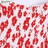 Women Puff Sleeve Red Floral Print Pleats Cake Midi Dress Chic Female Square Collar Elastic Casual Vestidos Party Dresses DS8379 210603