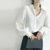 Primavera Verão Coreia Moda Mulheres Solta Lanterna Luva Branca Camisas De Seda Coloque Colar Colares Casuais Blusa Feminino Tops S452 210512