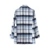 Elegante Frauen Blau Plaid Blazer Mode Damen Slim Kerb Kragen Jacke Streetwear Weibliche Kausal Lose Tasche Mäntel 210427