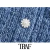 TRAF Donna Chic Moda Bottoni di perle finte Minigonna Vintage Vita alta con fodera Gonne femminili Mujer 210415