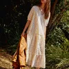 Jastie Dreamy Eyelet Dentelle Robe Robe Femmes Col En V Manches Bouffantes Boho Robes À Volants Ourlet Hippie Chic Maxi Robe Long Beach Vestidos 210419