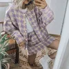 Frauen Herbst Plaid Zwei Stück Set Woll Bottons Lange Ärmel Strickjacken Mini Rock Elastische Taille Streetwear Anzug Sets 210430