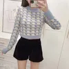 Women Fashion With Ribbed Trims Jacquard Knitted Sweater Vintage O Neck Long Sleeve Female Pullovers Chic Tops 210520