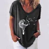 Plus Size Women Dandelion Imprimir camisetas Casual Decote em v T-shirt Cor Sólida Manga Curta Tops Verão Elegante Lady Pullover 5xL 210515
