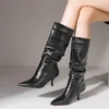 Botas curtas plissadas feitas à mão com estampa de crocodilo, sexy, bico ponteagudo, salto alto, sapatos de trabalho casuais femininos 480