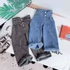 Crianças largo perna calças outono personalidade de inverno moda meninas hight-cintura jeans elástico cintura botão bolso casual 211102