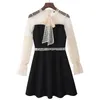 Preto Bow Collar Malha Patchwork Zipper Lanterna Manga Longa A Linha Império Mini Vestido D2079 210514