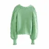 Vintage Korea Style Knitting Bola Cardigan Mulheres Diamante Single-Breasted Button Longo Lanterna Sleeve Sweater Jumper Knitwear 210429