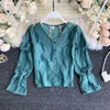 Vår Höst Kvinnors Toppar Koreansk stil Perspektiv Hollow Lace V-Neck Blus Trumpet Sleeve All-Match Kvinna GX349 210507