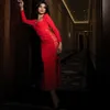 Elegant spetsbandage Midi Dress Women's Sexy Red Long Sleeve Bodycon Celebrity Evening Party Runway Vestidos Fashion 210527