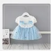 Yaz Çocuk Kız Elbise Dantel Yay Yıldızlı Gökyüzü Prenses Elbiseler Sevimli Stil Çocuk Giysileri E9209 210610
