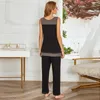 Seksowna piżama czarna piżama z spodniami Długie spodnie Luźna bielizna Prosty styl śmiotowy Kobiety PJ Set Home Service Q0706