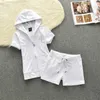 Summer Tracksuits Womens Two Peices Set Leisure Outfits Cotton Hooded T-shirts High Waist Shorts Candy Color Clothing S-XL X0721