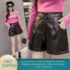 fall winter women's leather shorts Wide leg black high waist korean style plus size PU female for 210428