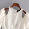 Mulheres vintage elegante sólido curto blusas de oco v pescoço manga longa branca estilo francês camisas femininas chic colheita tops moda 210422