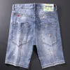 Moda de verão homens jeans retro luz azul destruído bordado desenhista rasgado short streetwear hip hop hop denim shorts ez4b