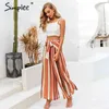 Split Striped Lady Wide Leg Kvinnor Sommarstrand Hög midja Byxor Chic Streetwear Sash Casual Pants Tassle Kvinna 210414