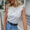 Elegante Solid Ruffled Vrouwen Katoen O-hals Mouwloze Tank Tops Zomer Wit Basis All-Match Vrouw T-shirt 210414