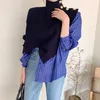 Korean Autumn High Collar Side Buttons Fake Two-piece Shirt Stitching Striped Bubble Sleeve Chic Sweater Blue women 210519