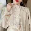 Koreanska Ruffle Lace Chiffon Shirt Elegant Sweet Long Puff Sleeve Kvinnor Blus Vita Toppar Stand Krage Kläder Chic Blusas 13433 210527