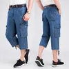 Jeans Shorts Men's Summer Breeches Multi Side Pocket Casual Bermuda Male Straight Long Blue Denim Loose Cargo Men 210713